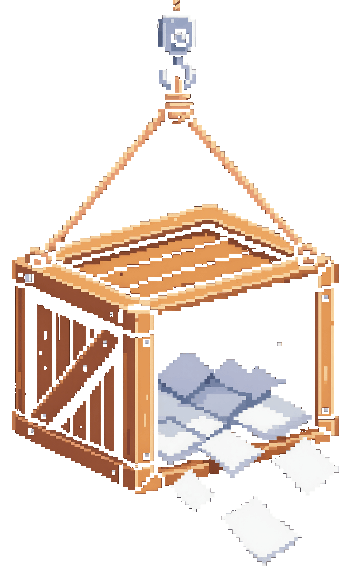 An empty wooden crate swinging on a hook