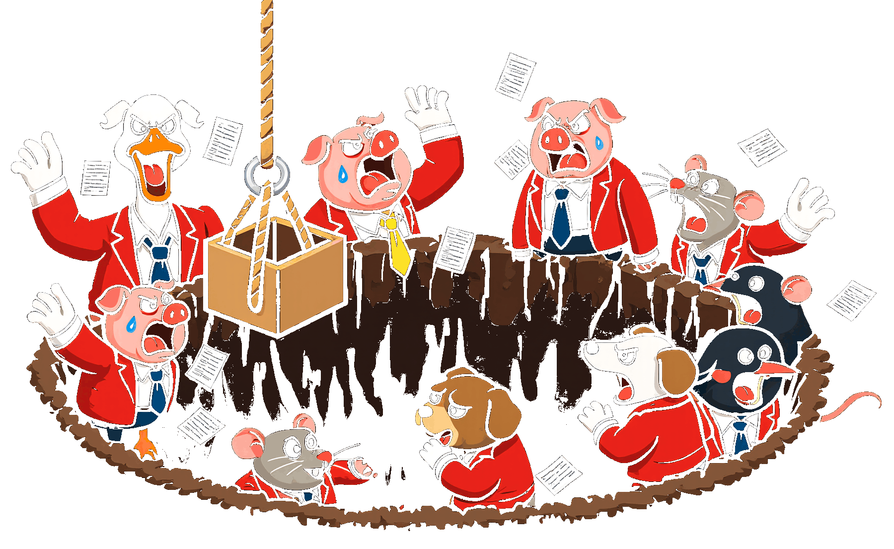 Eight animal traders in red blazers shouting inside an earth pit, a crate on a hook hanging over them